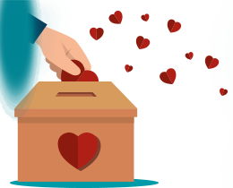 Uma mão colocando corações dentro de uma caixa de doação